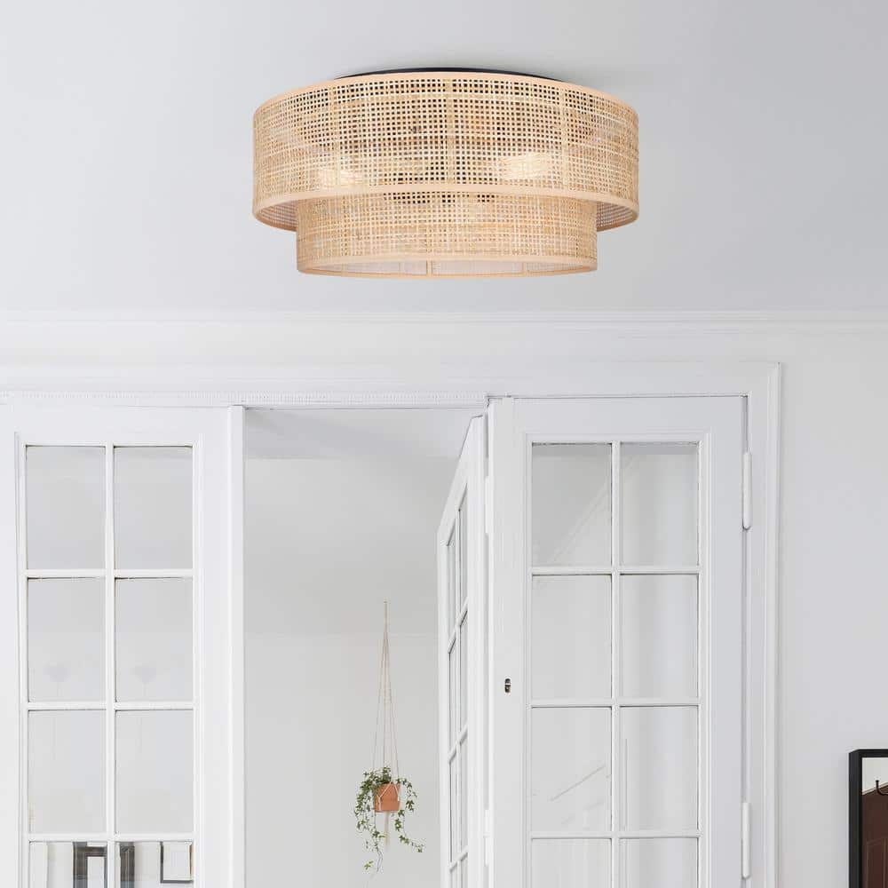 Bellamy 19-Inch 3-Light Flush Mount Ceiling Light – Contemporary Black Finish with Natural Rattan Shade, Warm Lighting for Bedroom, Hallway, or Entryway