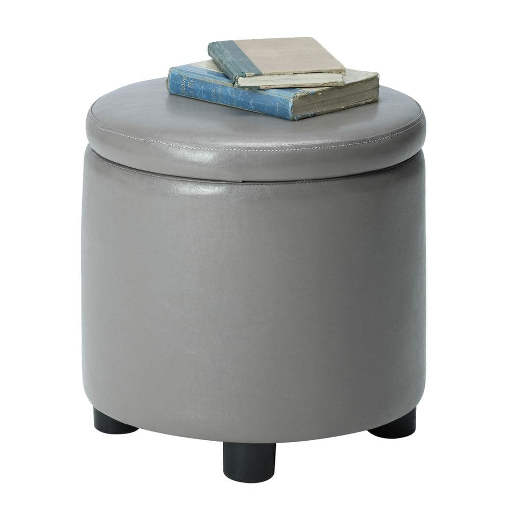 Designs4Comfort Round Accent Storage Ottoman with Reversible Tray Lid, Taupe Gray Faux Leather