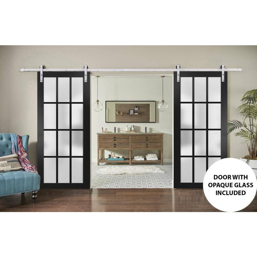 Sturdy Double Barn Door with Frosted Glass 12 Lites | Felicia 3312 Matte Black | 13FT Rail Hangers Heavy Set | Solid Panel Interior Doors-36" x 84" (2* 18x84)-Silver Rail