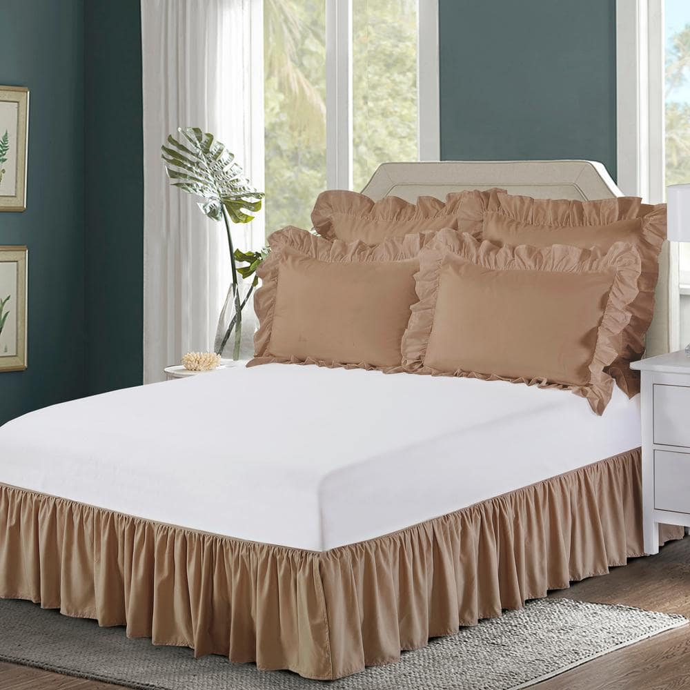 Bed Maker's Wrap-Around, Never Lift Your Mattress Ruffled Bed Skirt, 14" Drop Length, Mocha, King
