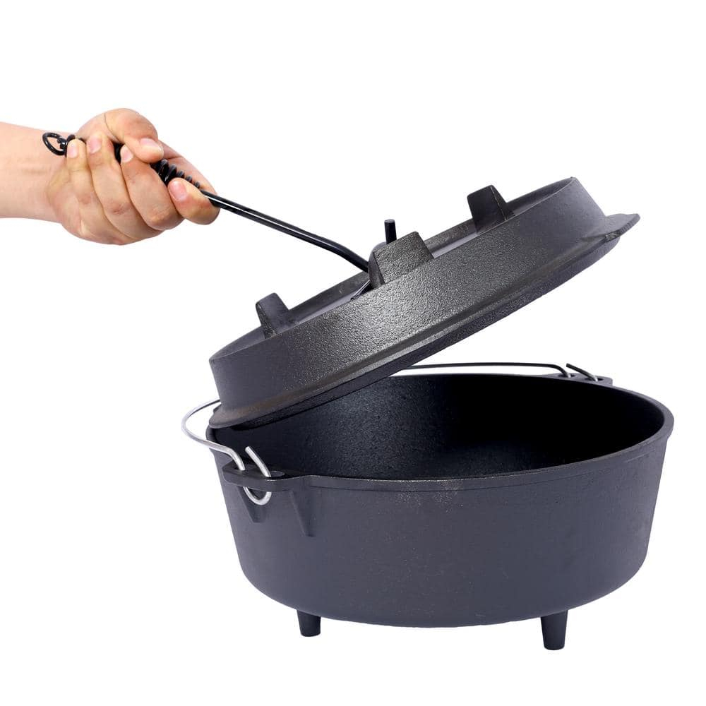Tcbosik 12 Quart Cast Iron Dutch Oven with Lid & Lid Lifter for Indoor & Outdoor Cooking, Black