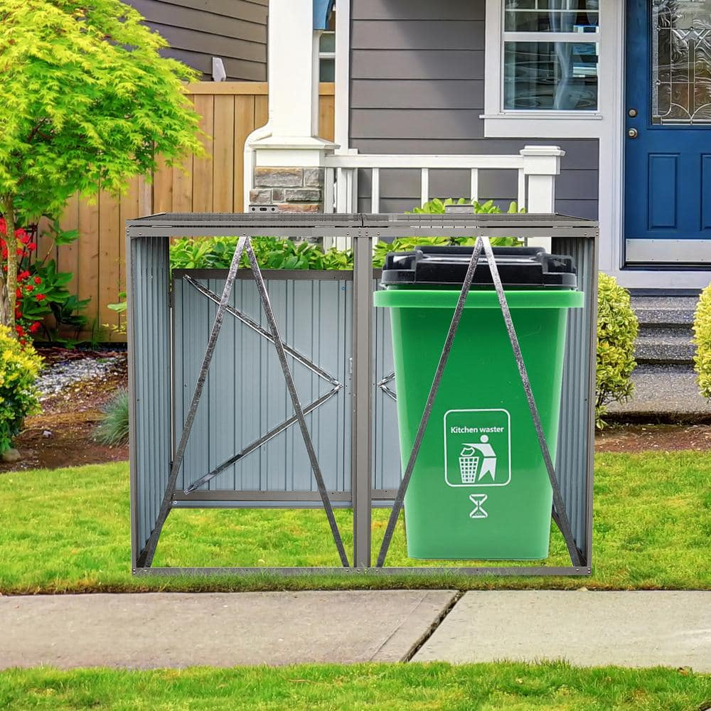 Garbage Bin Shed Metal Outdoor Bin Shed for Garbage Storage, Stores 2-Trash Cans, Bin Shed Grey 13.75 sq. ft.