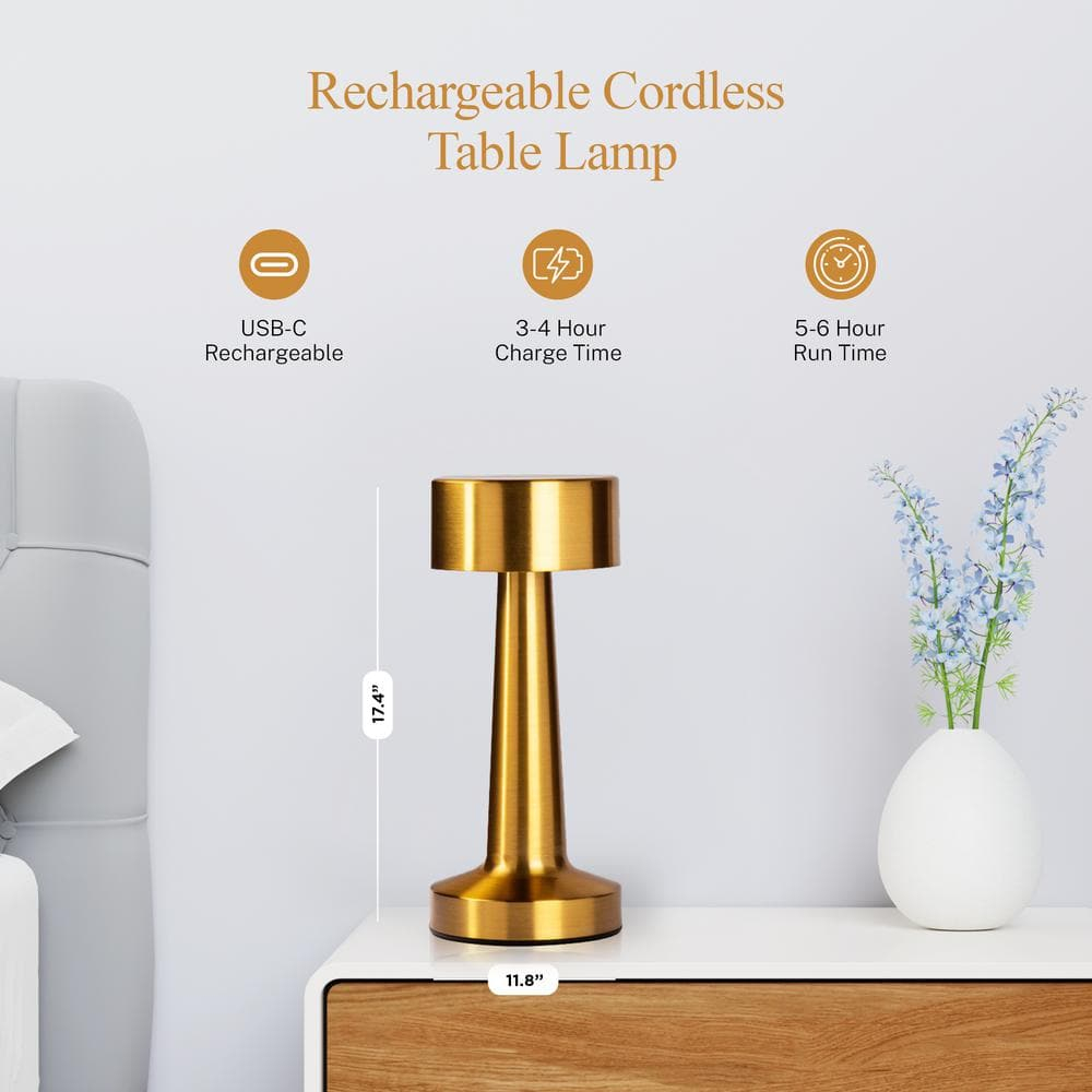 Bell and Howell Chelsea Table Lamp Small Cordless Touch LED Rechargeable Lamp Bedside Desk Gold