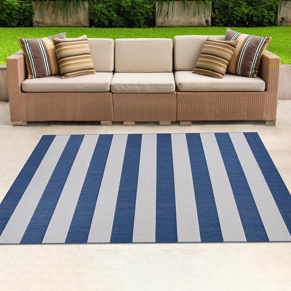Couristan Afuera Yacht Club 3'11" x 5'7" Midnight Blue and Ivory Stripe Outdoor Rectangle Rug