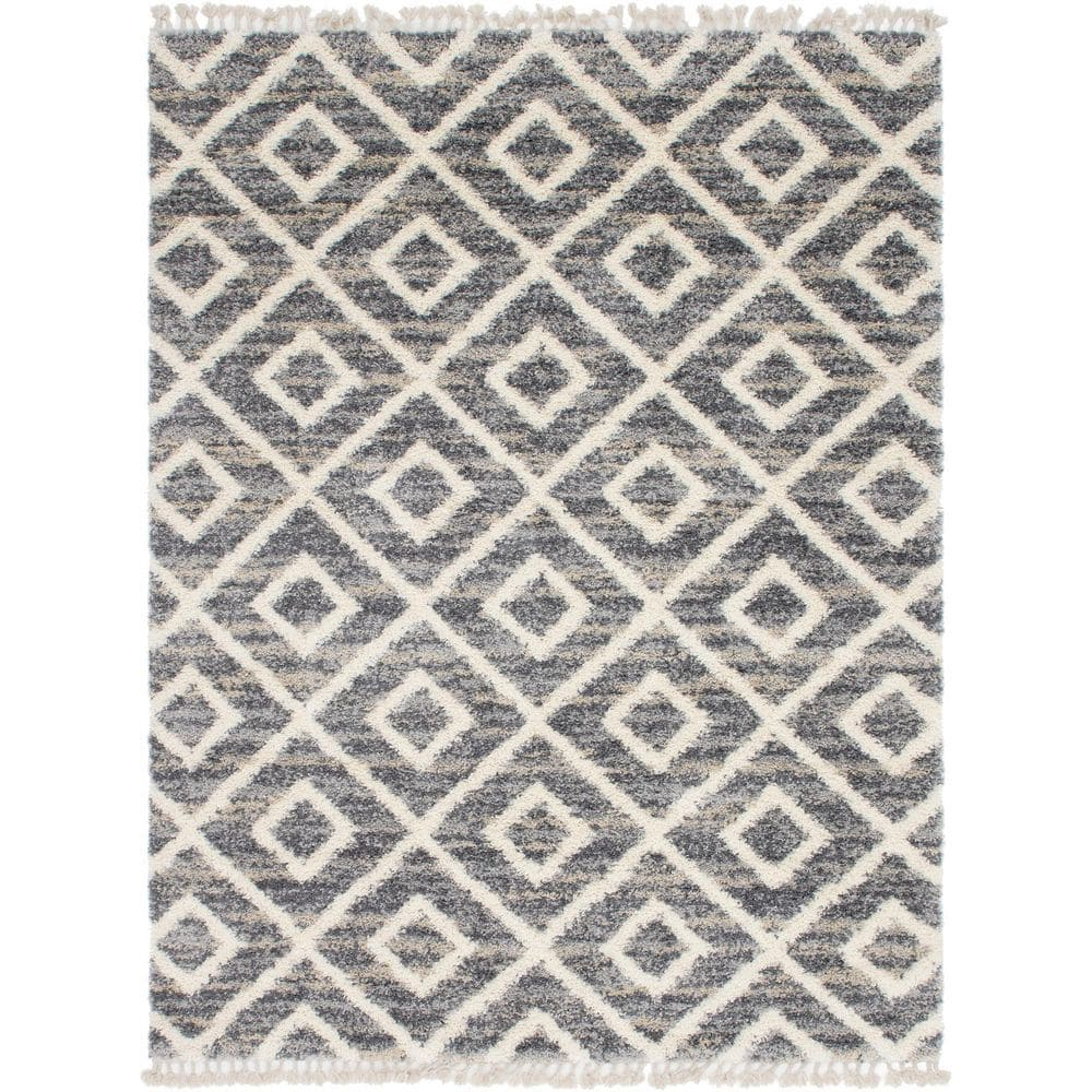Unique Loom Hygge Shag Collection Area Rug - Diamond (9' x 12' 2" Rectangle, Gray/ Beige)
