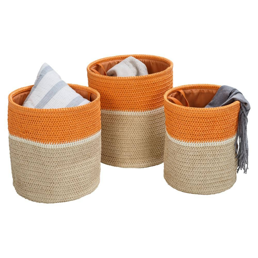 Honey-Can-Do Set of 3 Paper Straw Nesting Baskets with Handles, Orange/Natural