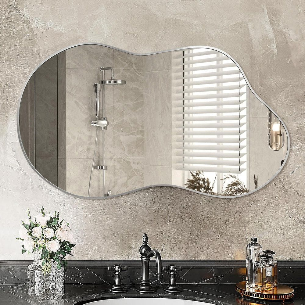 36 in. W. x 20 in. H Irregular Silver Aluminum Alloy Framed Wall Mirror Asymmetrical Wall Mirror
