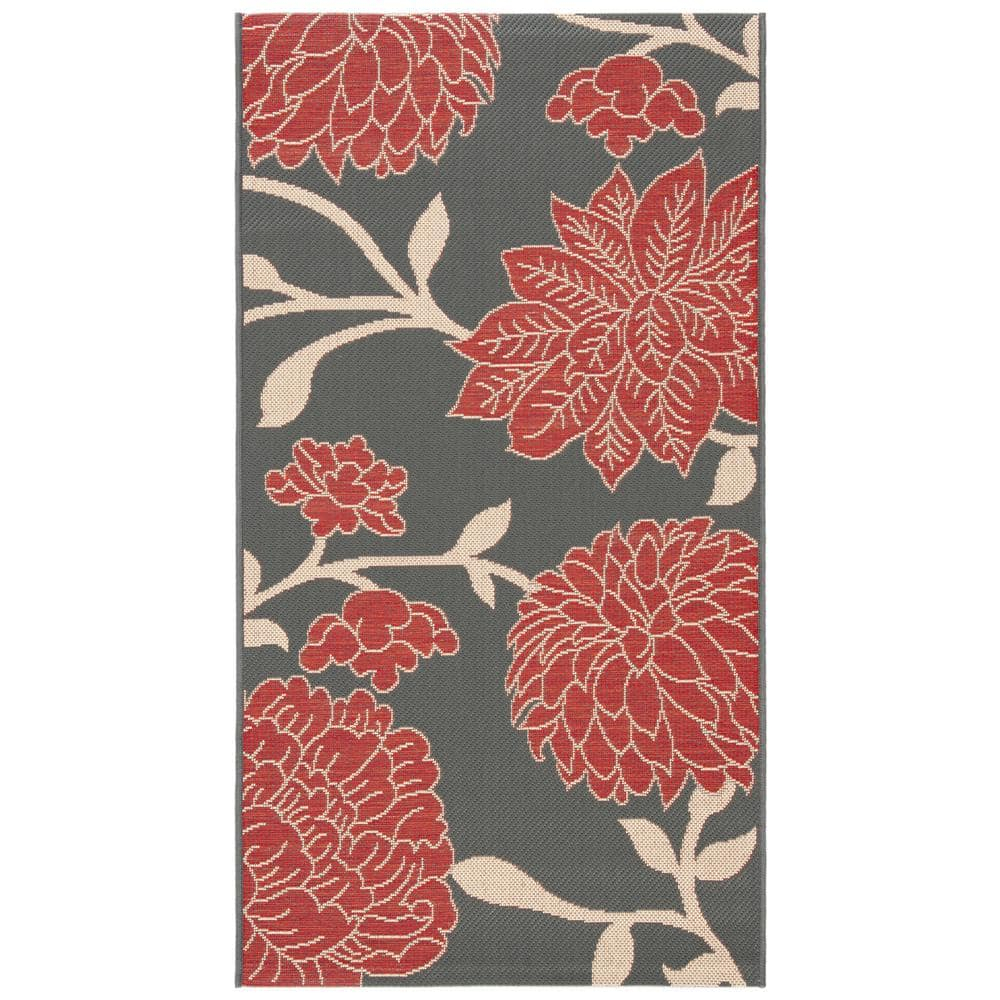 SAFAVIEH Courtyard Tyson Floral Indoor/Outdoor Area Rug, Anthracite/Red, 2'7" x 5'