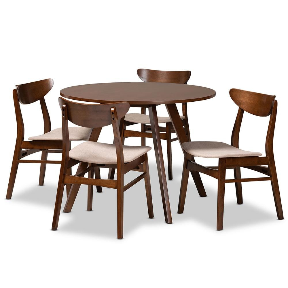 Philip Mid-Century Modern Transitional Light Beige Fabric Upholstered and  Wood 5-Piece Dining Set