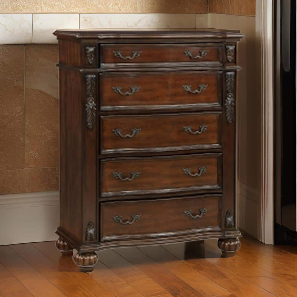 Benjara Nami 50 Inch Tall Dresser Chest, 5 Drawers, Carved Cherry Brown Solid Wood