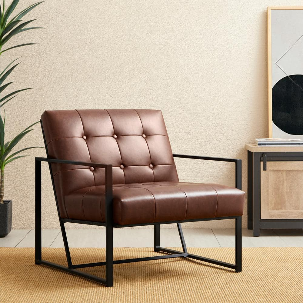 Modern Distressed Brown Faux Leather Button-Tufted Accent Chair