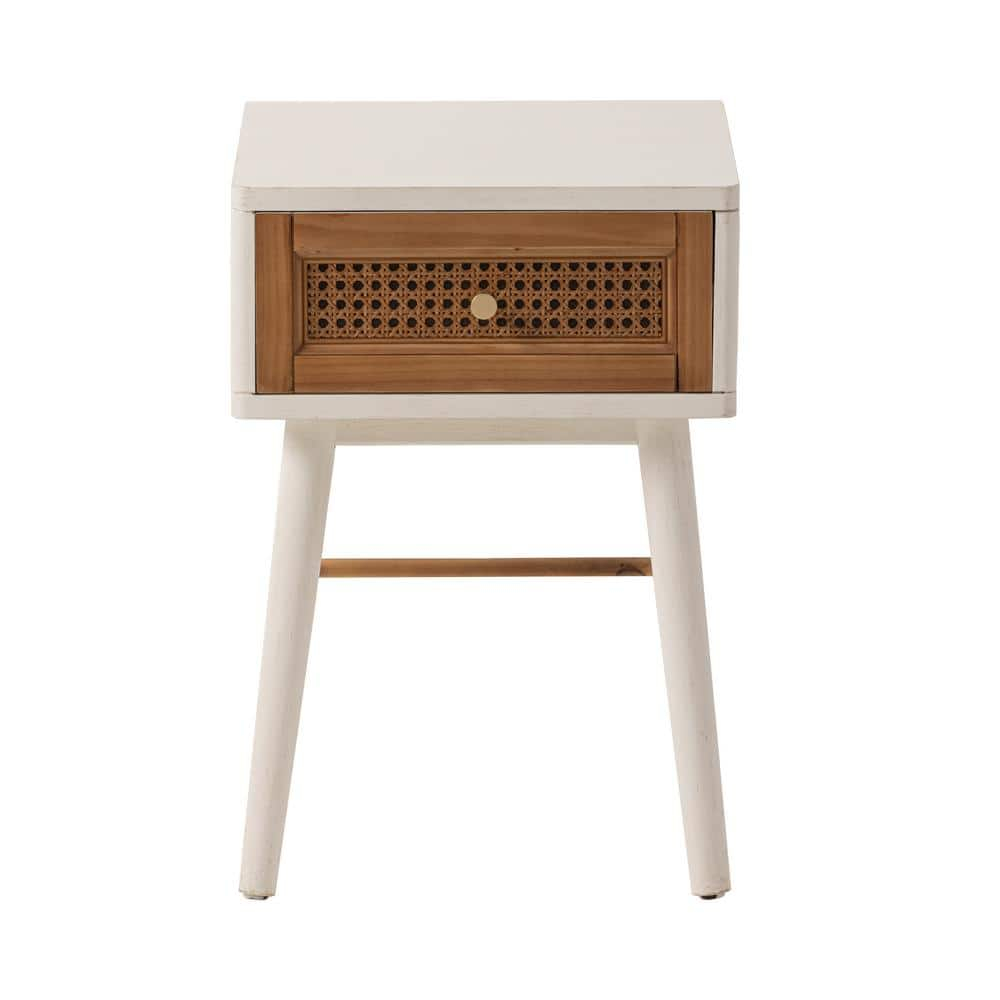 COZAYH Fully-Assembled 1-Drawer Woven Cane Front Accent Nightstand with Brass Knobs for Living Room, Hand-Scratched Aging Finish, Bedroom, White