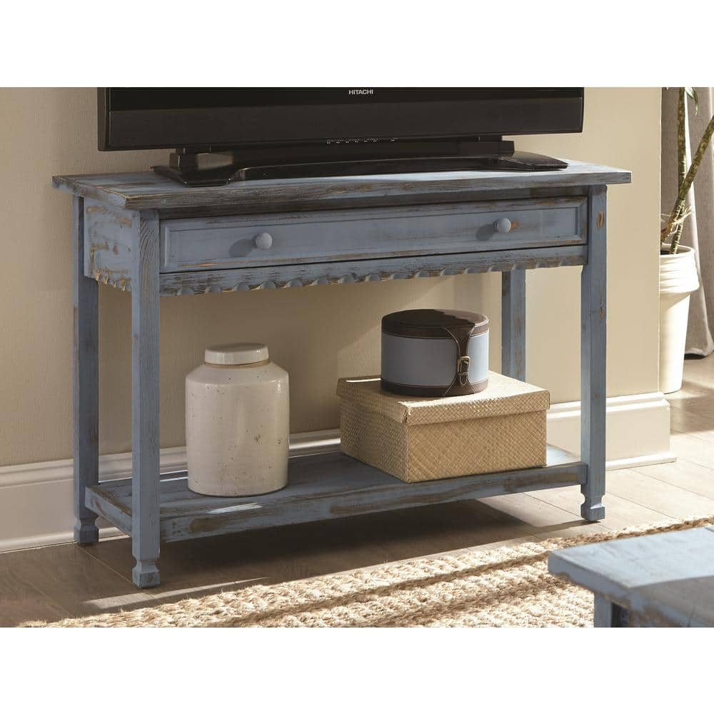 Alaterre Furniture Country Cottage Media/Console Table, Solid Pine Wood Perfect for Living Room, Entryway, Hallway, Blue Antique Finish