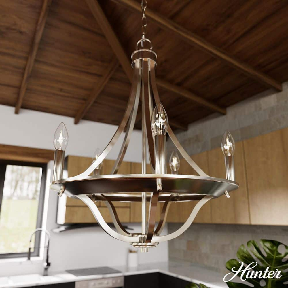 Hunter - Perch Point 5-light Brushed Nickel, Medium Size Chandelier, Dimmable, Casual Style, Empire Shaped, for Bedrooms, Kitchens, Dining, Living Rooms - 19425