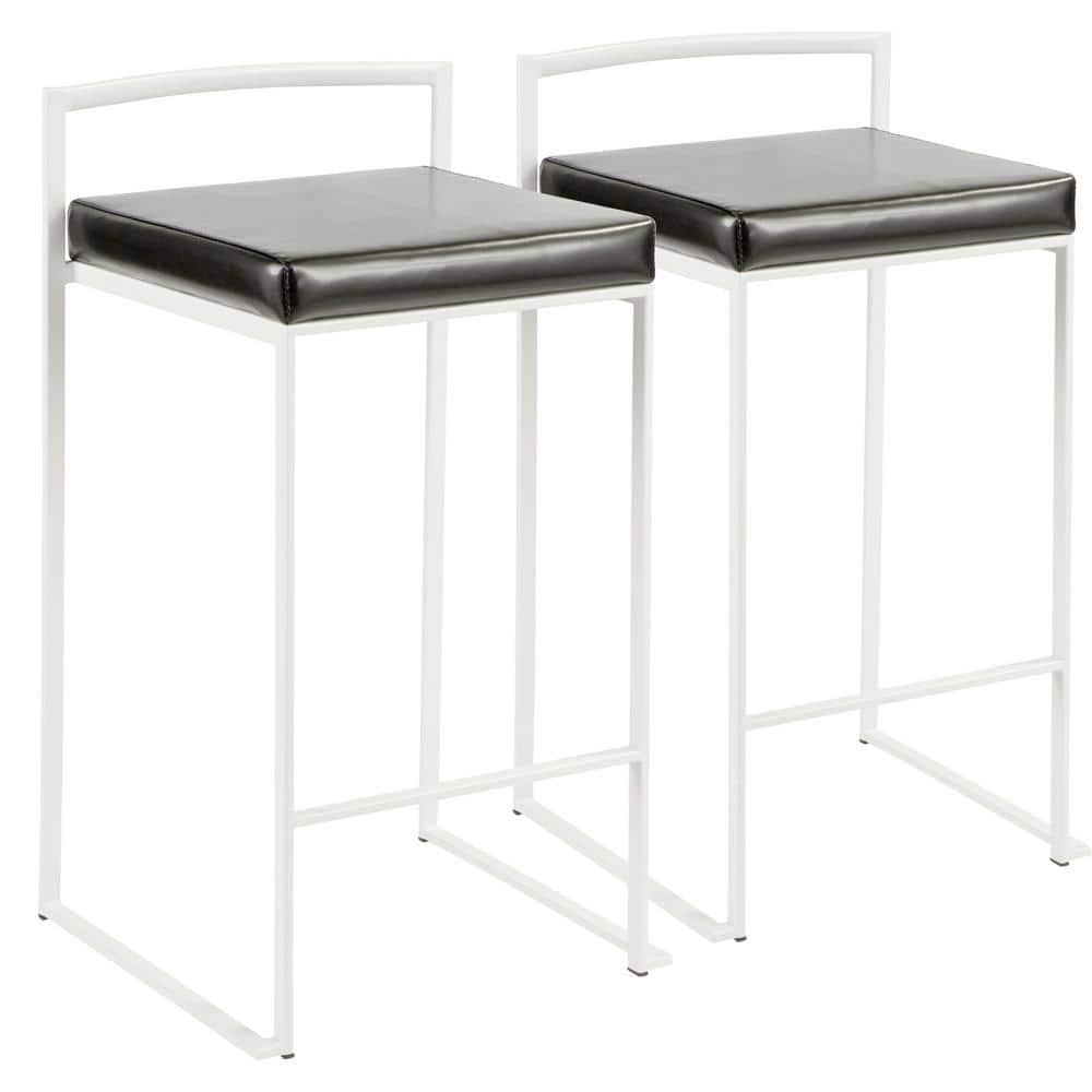 Fuji Contemporary Stackable Counter Stool In White With Black Faux Leather Cushion - Set Of 2