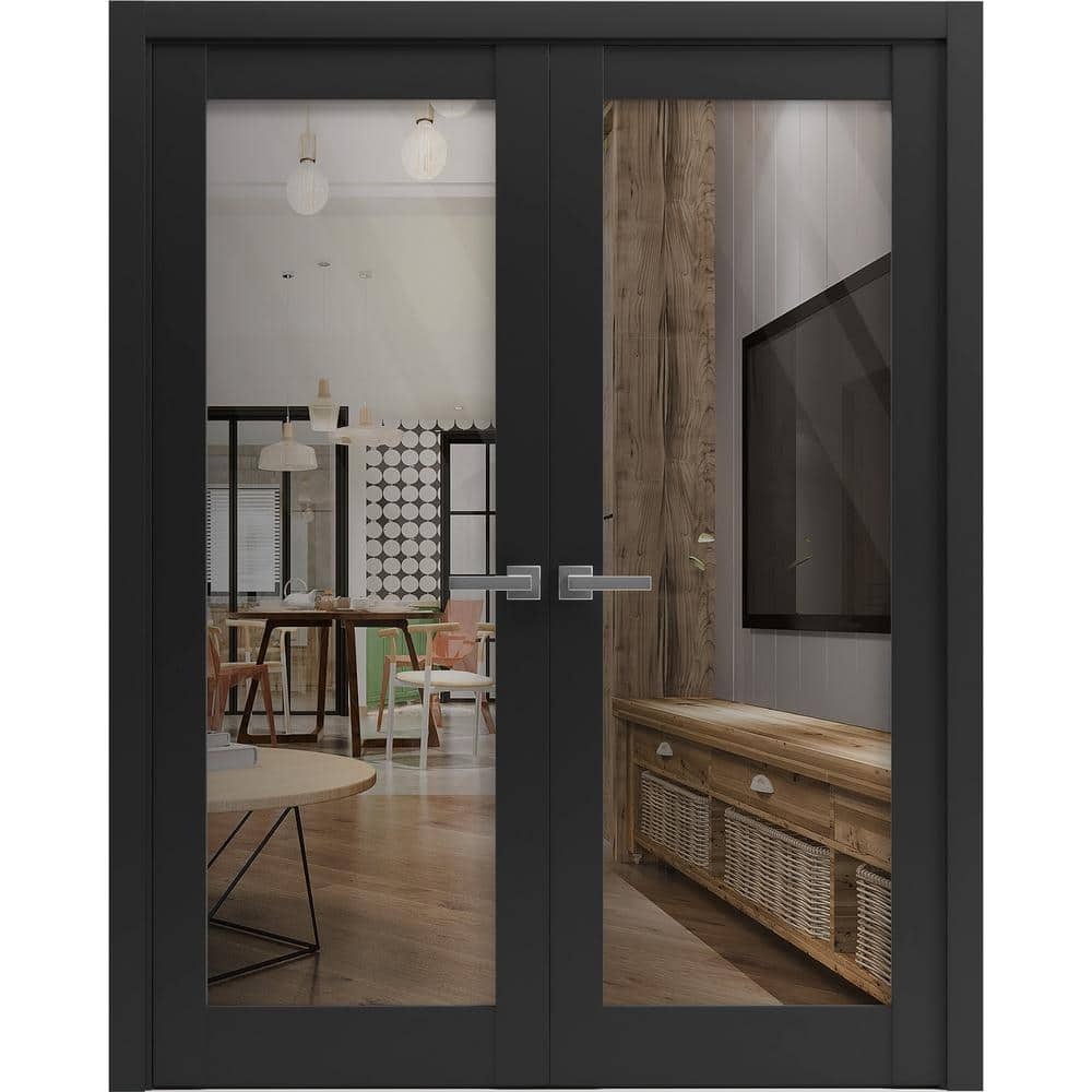 Sartodoors Solid French Double Doors 72" x 84" | Lucia 2166 Matte Black Clear Glass | Solid Wood Panels with Frame & Trims | Modern Interior Doors for Closet, Bedroom, or Living Room