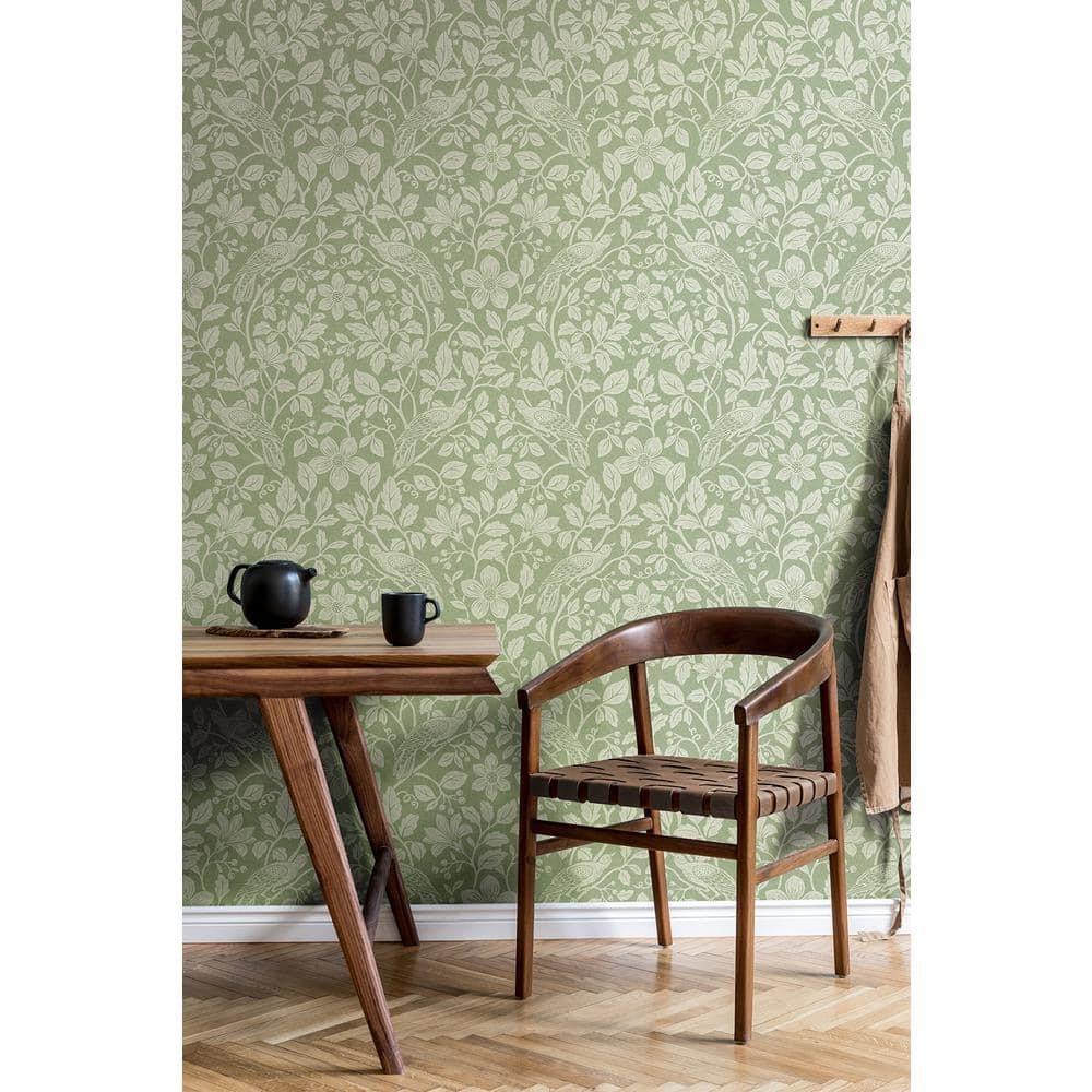 Green and White Non-Woven Botanical Bird Vine Wallpaper