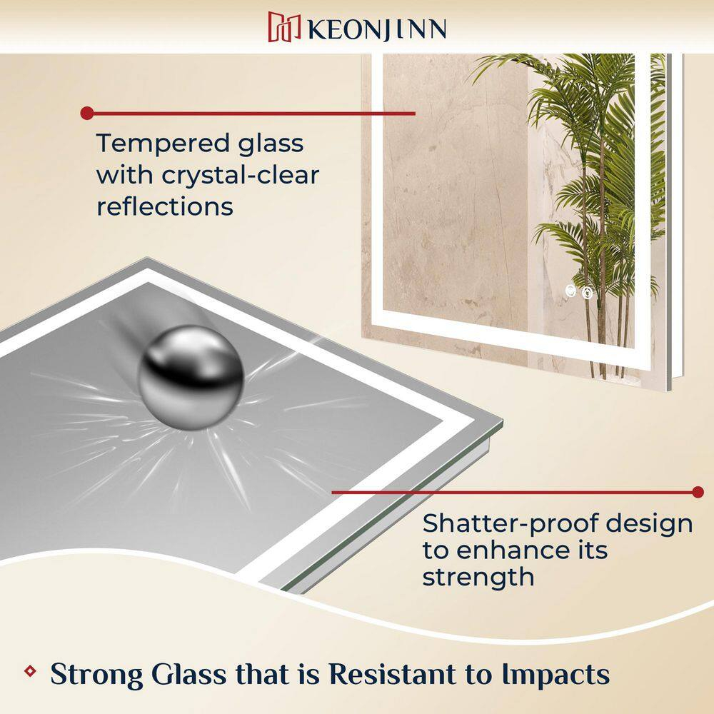 Keonjinn LED Bathroom Mirror 60 ” x 36 ” with Frontlit & Backlit, Lighted Mirror with Stepless Dimmable 3-Color Lights, Bathroom Vanity Mirror with HD Tempered Glass, UL-Listed LED Driver, CRI90+