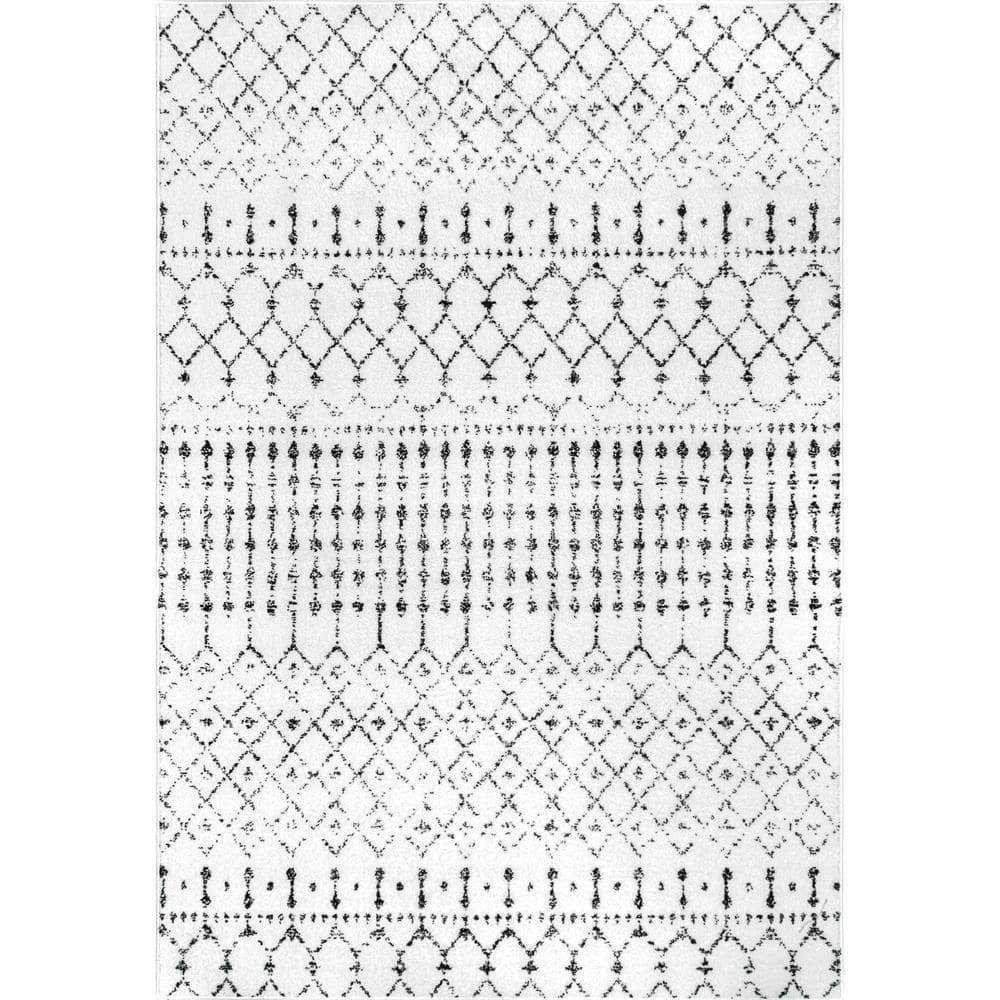 nuLOOM 6' 7" x 9' Moroccan Blythe Area Rug, White and Black, Faded Bohemian Design, Stain Resistant, For Bedroom, Dining Room, Living Room, Hallway, Office, Kitchen, Entryway