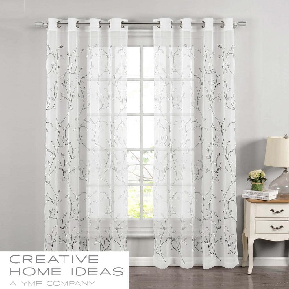 Grommet Curtain Panel, Embroidered Sheer Extra-Wide, Silver 54" x 84"