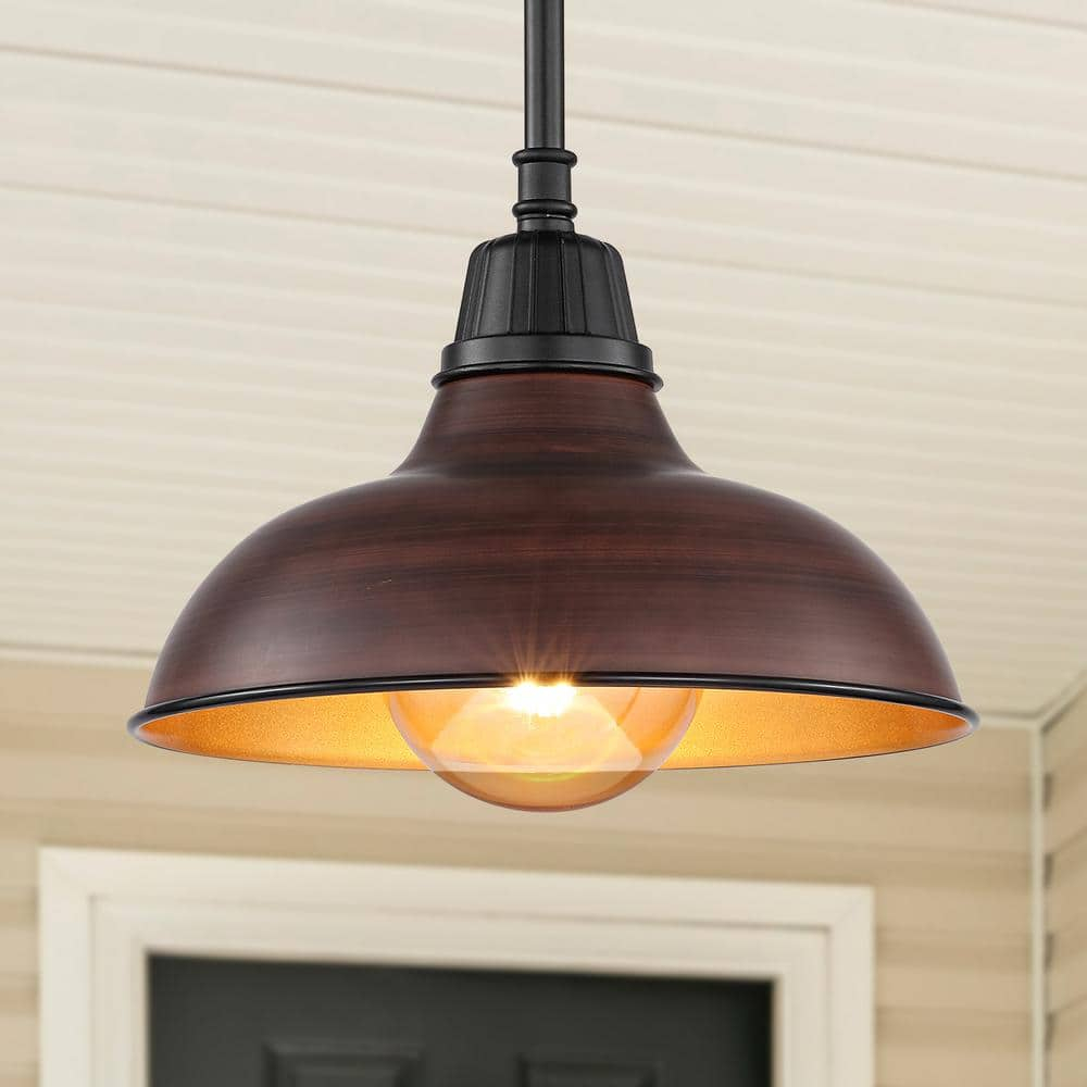 Jasper 12.25" 1-Light Farmhouse Industrial Indoor/Outdoor Iron LED Pendant, Wood Finish/Copper