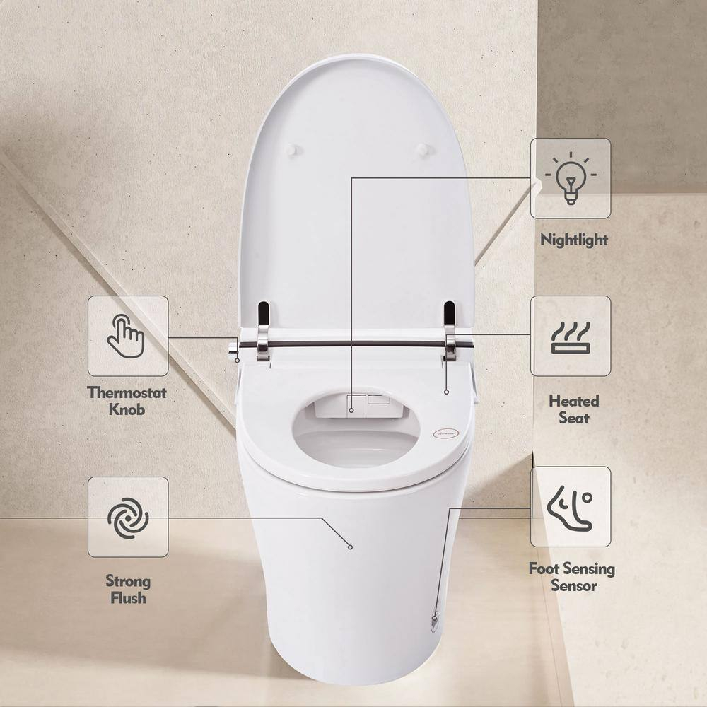 1/1.28 GPF Tankless Elongated Smart Toilet in White with Dual Flush Adjustable Temp Heated Seat Foot Sensor Flush