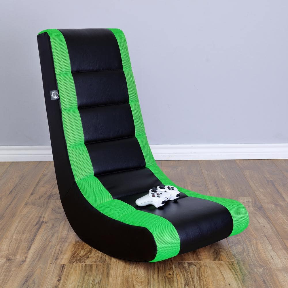 The Crew Furniture Classic Video Rocker Floor Gaming Chair, Kids and Teens, PU Faux Leather & Polyester Mesh, Black/Green