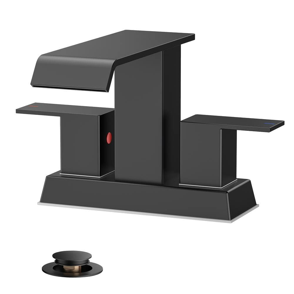 Matte Black Ceramic Disc Double Handle Bathroom Faucet with Pop-Up Drain Kit