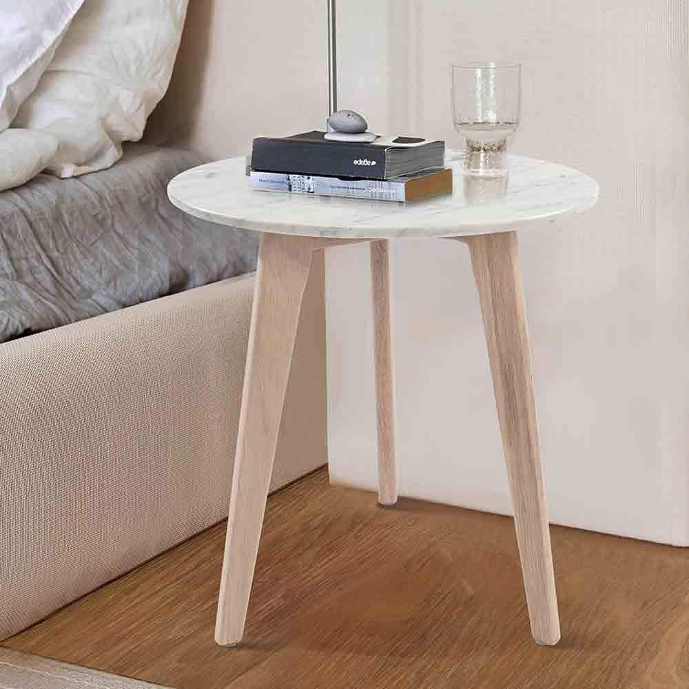 15 in. Cherie Round Italian Carrara White Marble Table with Oak Legs