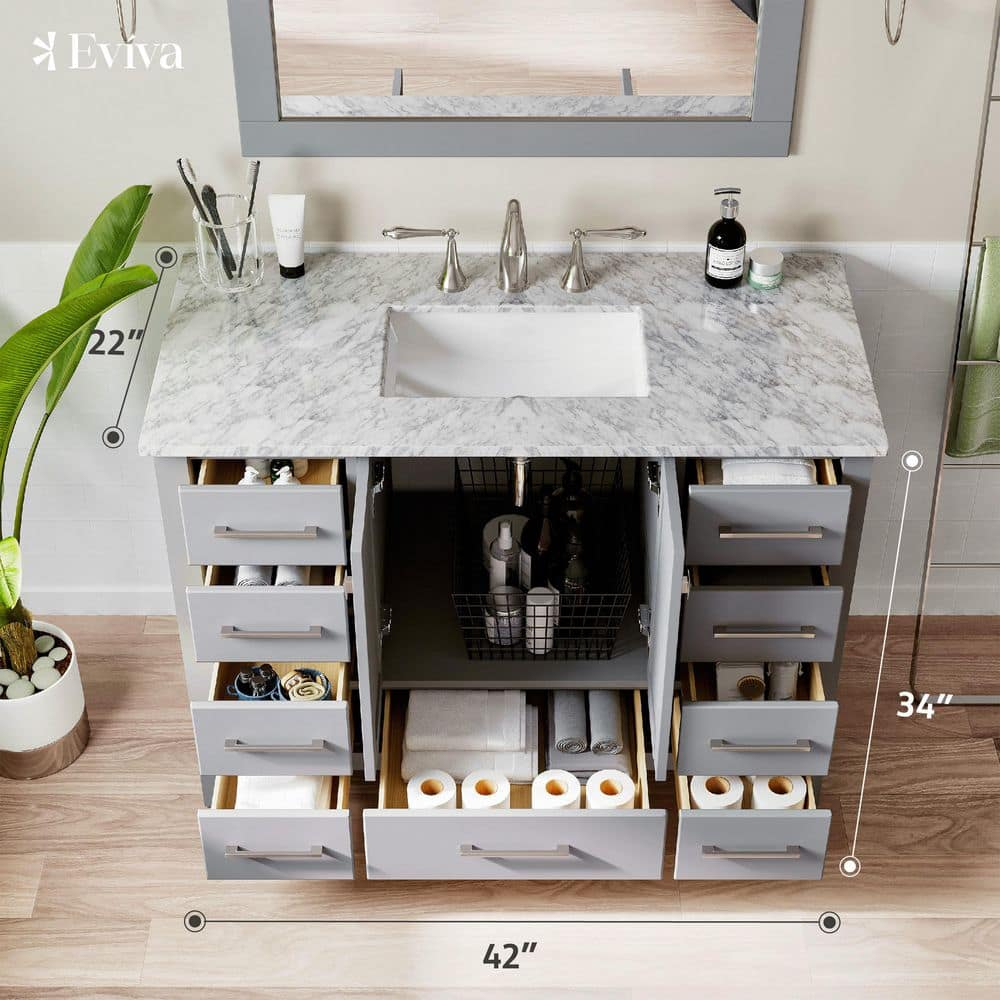 Eviva Aberdeen 42"W x 22"D Gray Bathroom Vanity with White Carrara Quartz Countertop and Undermount Porcelain Sink
