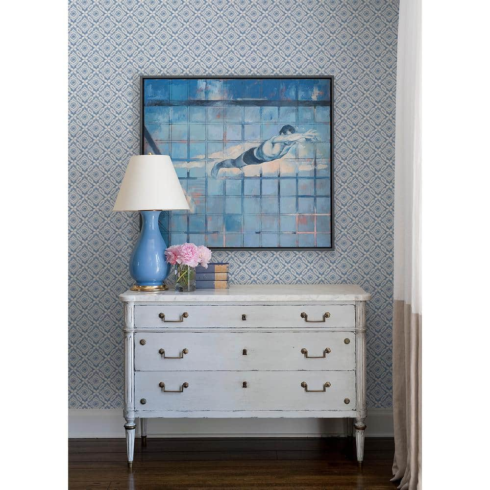 3122-10702 Hugson Quilted Damask Wallpaper with Embellished Diamond Shapes in Blue White Colors Farmhouse Style Prepasted Acrylic Coated Paper