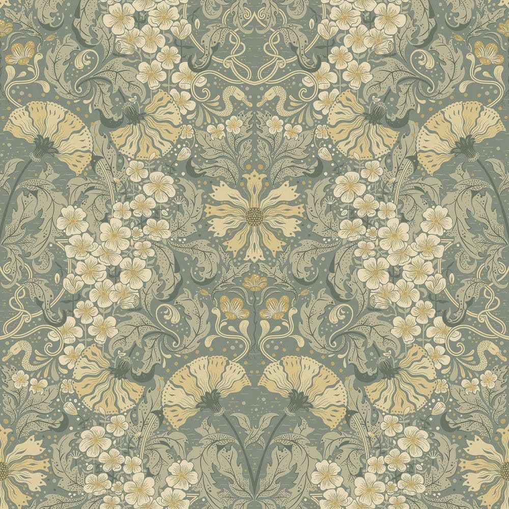 Ojvind Blue Sea Green Floral Ogee Paper Matte Non-Pasted Wallpaper Roll