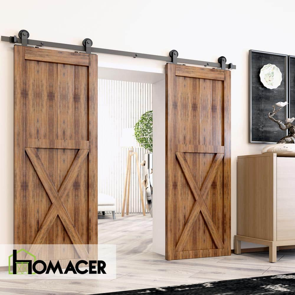 Homacer Black Rustic Sliding Barn Door Hardware Kit, for Two/Double Doors, 14ft Long Flat Track, T-Shape Design Roller, Heavy Duty, for Interior & Exterior Use
