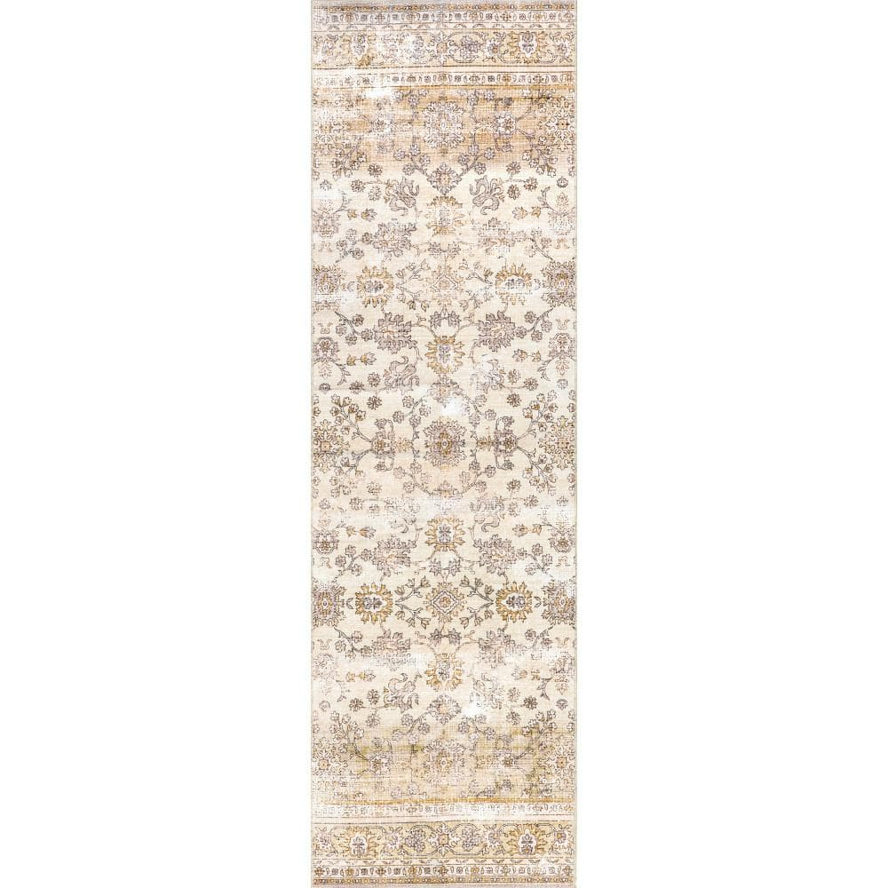 Deadra Vintage Floral Gray and Beige Synthetic Runner Rug