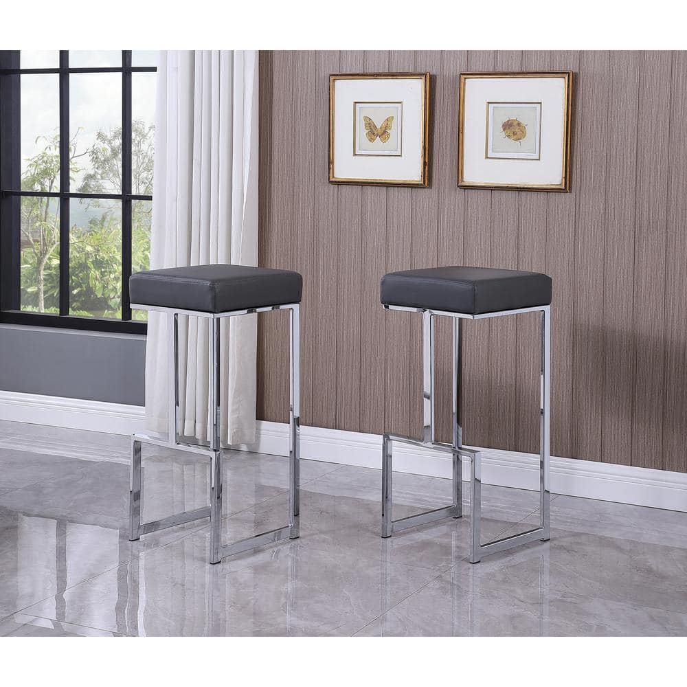 Dorrington Modern Faux Leather Backless Bar Stool in Gray/Silver (Set of 2)