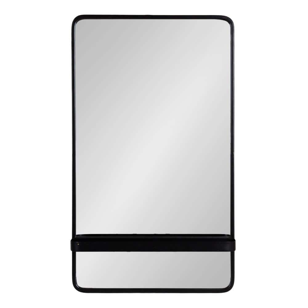 Kate and Laurel Estero Modern Metal Rectangle Mirror with Rounded Shelf, 20 x 34, Black, Decorative Contemporary Rounded Rectangle Shelf Mirror for Living Room or Bedroom Storage and Display