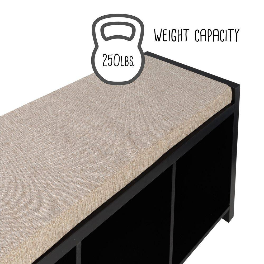 Honey-Can-Do Wood 3-Cubby Shoe Storage Organizer Bench with Cushion, Black/Tan