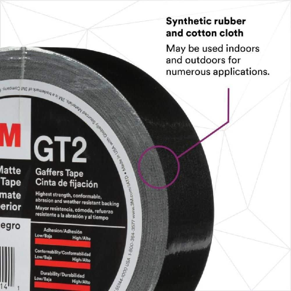 3M Premium Matte Cloth (Gaffers) Tape GT2, High-Strength, Indoor/Outdoor Use, Black, 48 mm x 50 m, 11 mil, 1 Roll, 98514