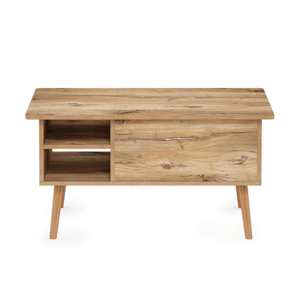 Furinno Jensen Wooden Leg Lift Top Coffee Table With Hidden Compartment and Side Open Storage Shelf for Living Room, Flagstaff Oak