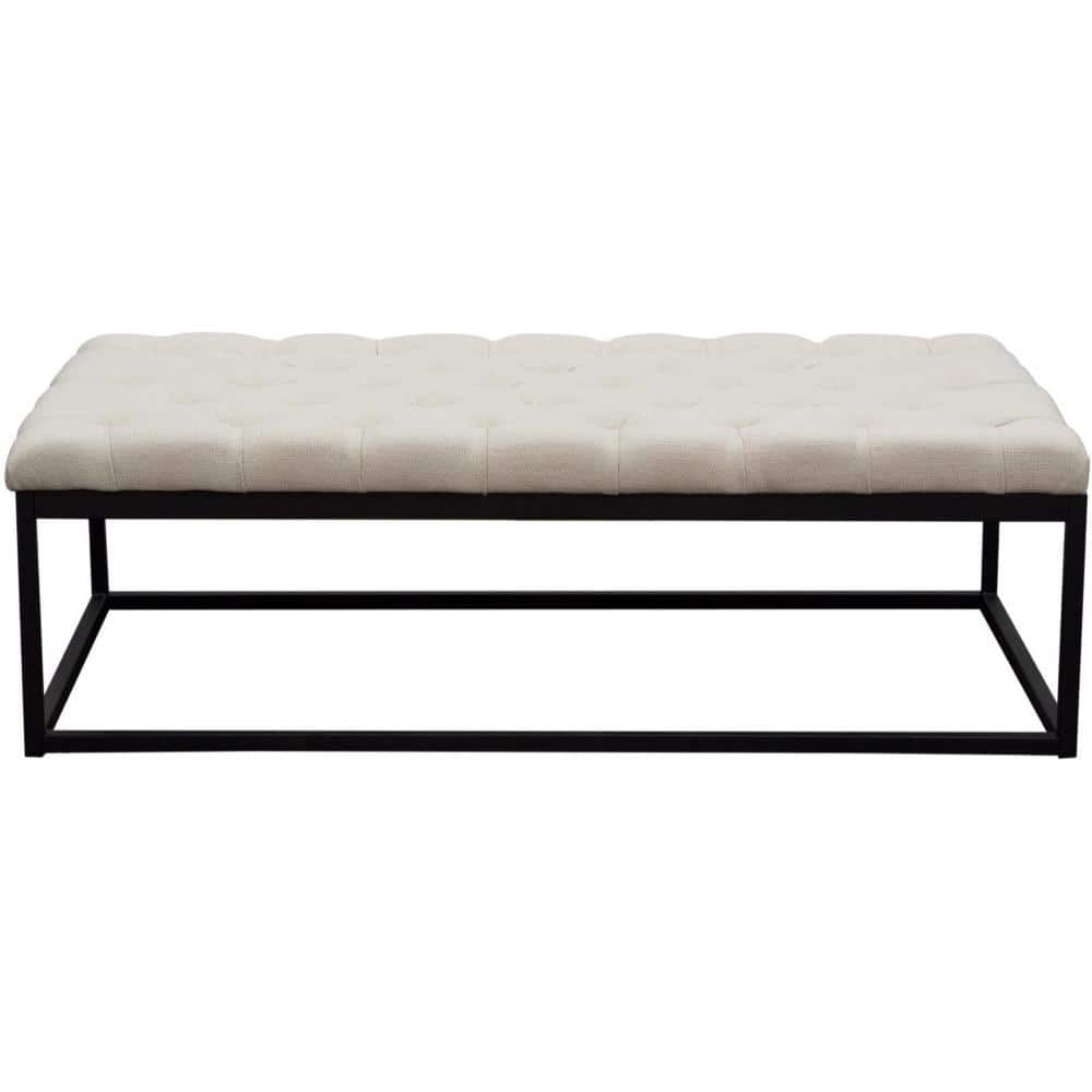 Large Beige Linen Upholstered Bench with Black Metal Base