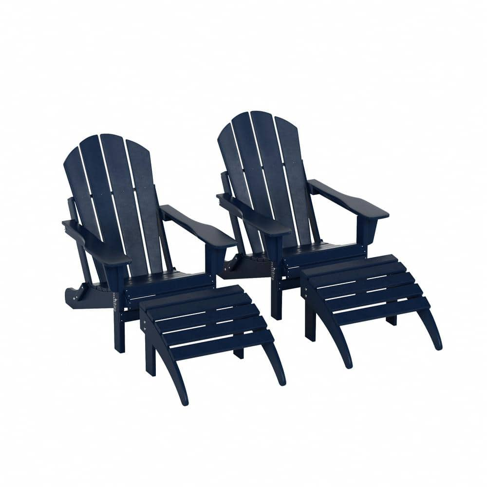 Polytrends  Laguna Hdpe All Weather Outdoor Patio Foldable Adirondack Chairs With Ottomans (5-Piece Set) Navy Blue