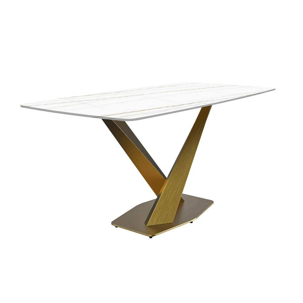 LeisureMod Voren Mid-Century Modern Dining Table with a 55" Sintered Stone Rectangular Tabletop in Gold Stainless Steel Base for Kitchen and Dining Room, White/Gold