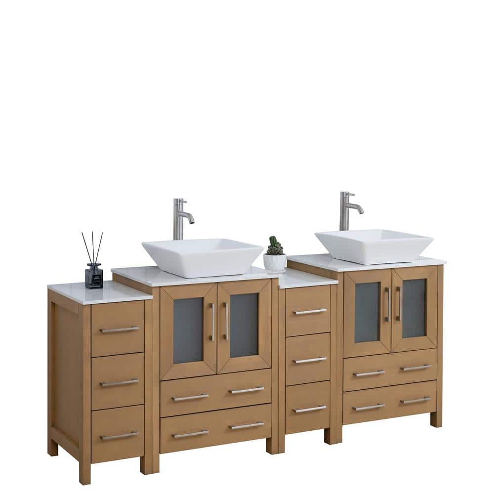 Vanity Art 72" Double Sink Freestanding Bathroom Vanity Set with Engineered Marble Top and Mirror