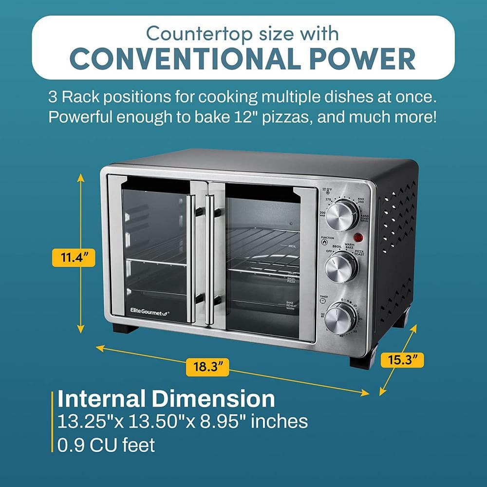 Elite Gourmet ETO2530M New Double French Door Toaster Oven fits 12" Pizza, Stainless Steel