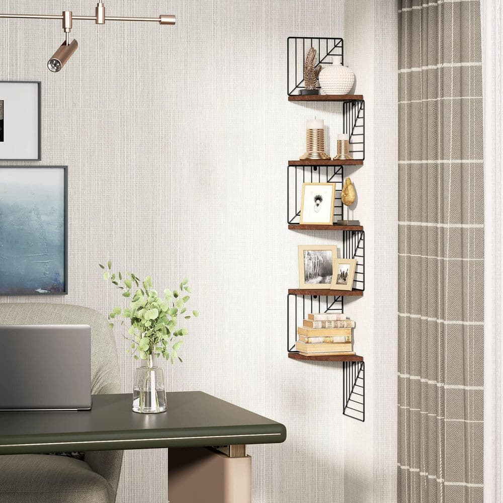 Dark Walnut 5-Tier Floating Corner Wall Shelves with Metal Brackets