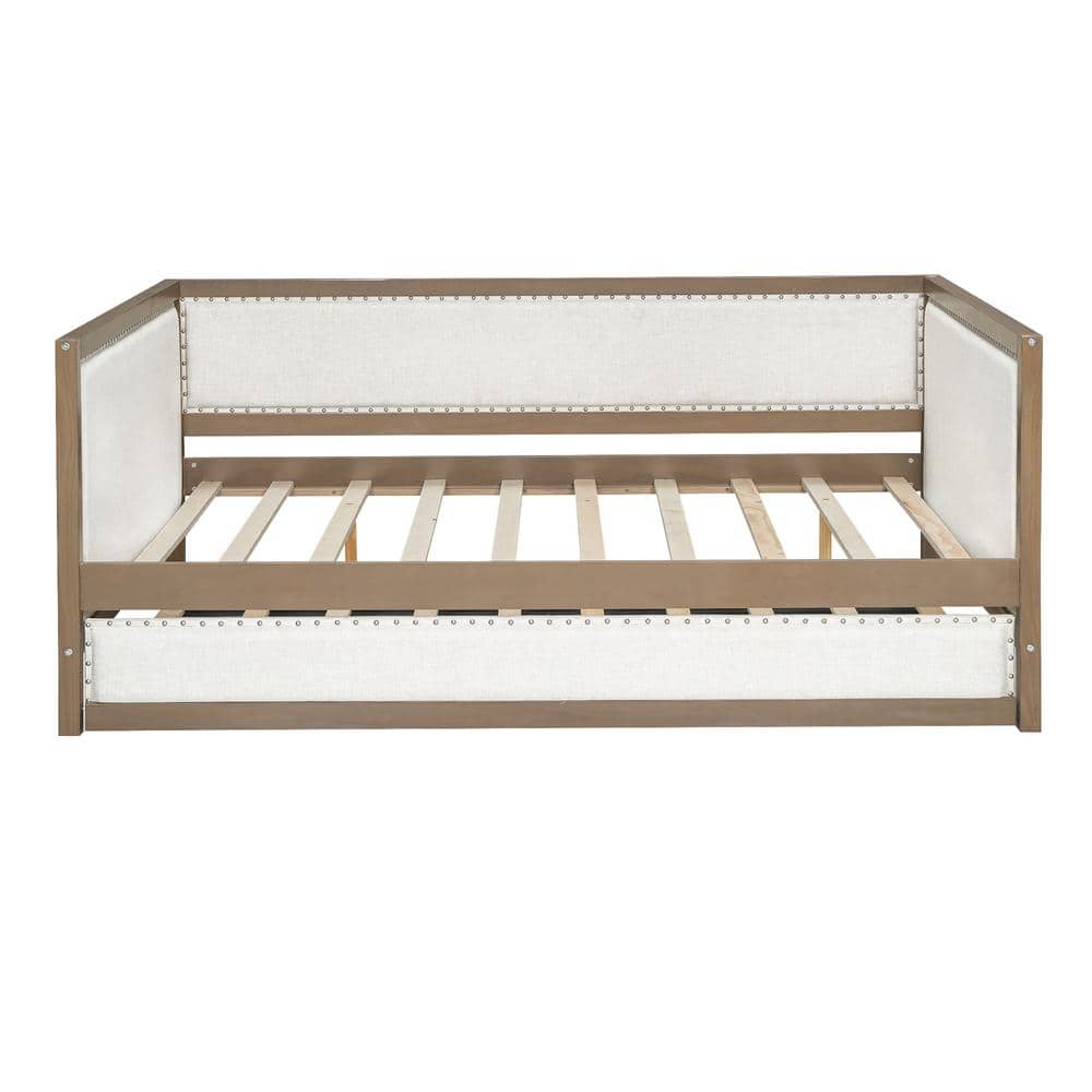 Full Size Beige Linen Upholstered Daybed with Trundle and Nailhead Trim