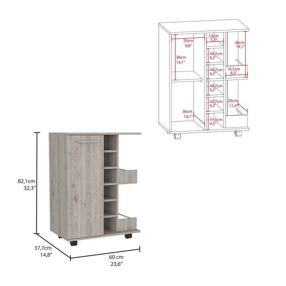 Magda Bar Cart with Four Casters, Six Built-in Wine Rack, Single Door Cabinet, and Two External Shelves, 32.32" H, Light Gray, Living Room