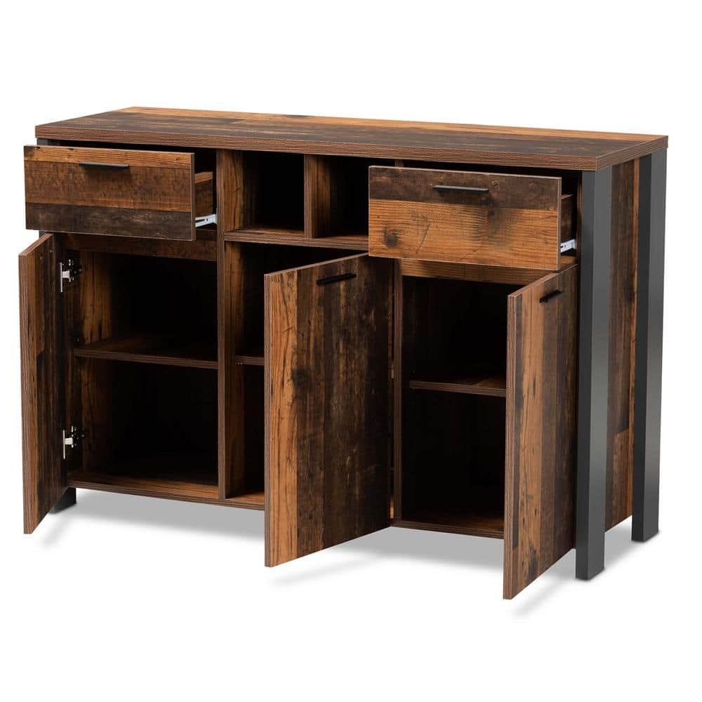 Baxton Studio Ranger Mid-Century Modern Rustic Brown Finished Wood and Grey Metal 2-Door Sideboard Buffet