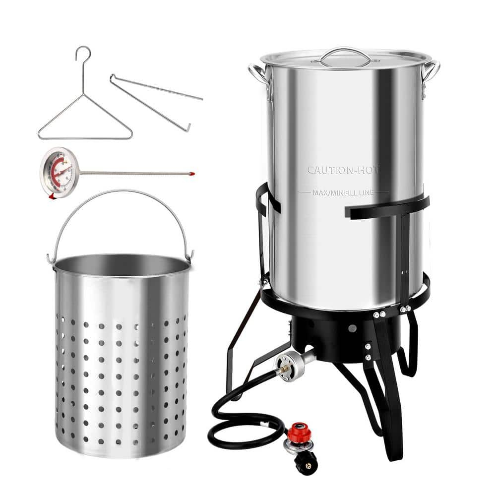 ROVSUN 50QT Turkey Fryer with Stainless Steel Boiler Steamer Basket & 54,000BTU Propane Burner, Outdoor Gas Deep Fryer & Seafood Crawfish Boil Pot Set with High Pressure Propane Regulator and Hose