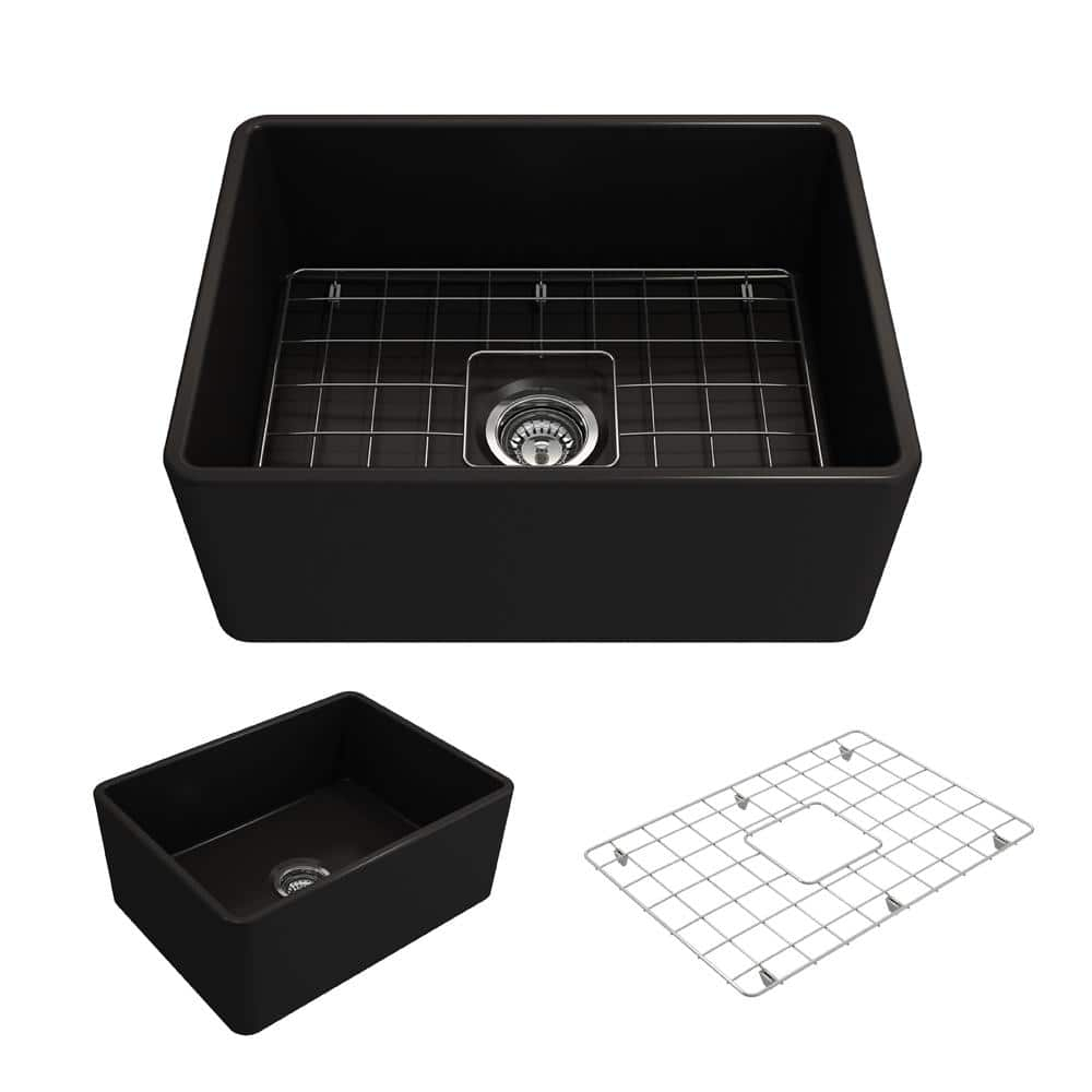 Matte Black Fireclay Farmhouse Single Bowl Kitchen Sink with Accessories
